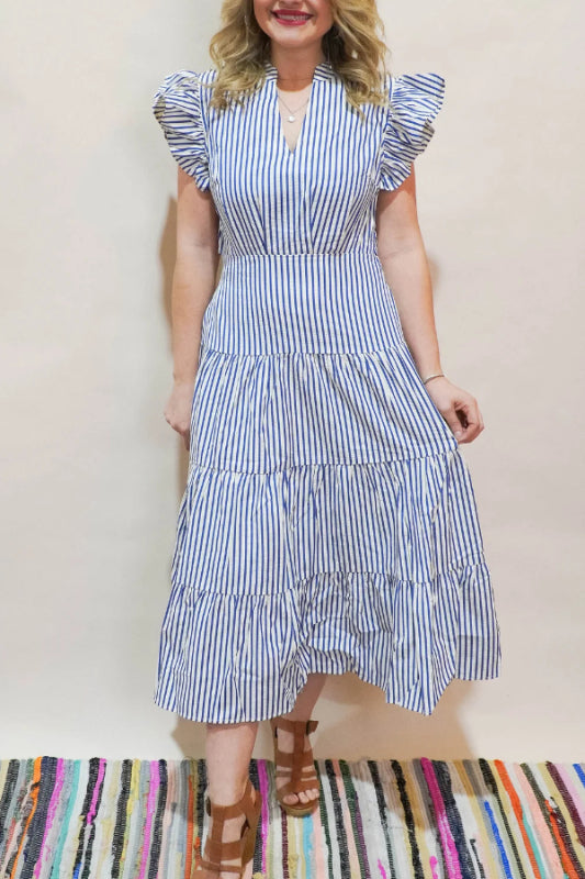 Retro casual blue striped midi dress